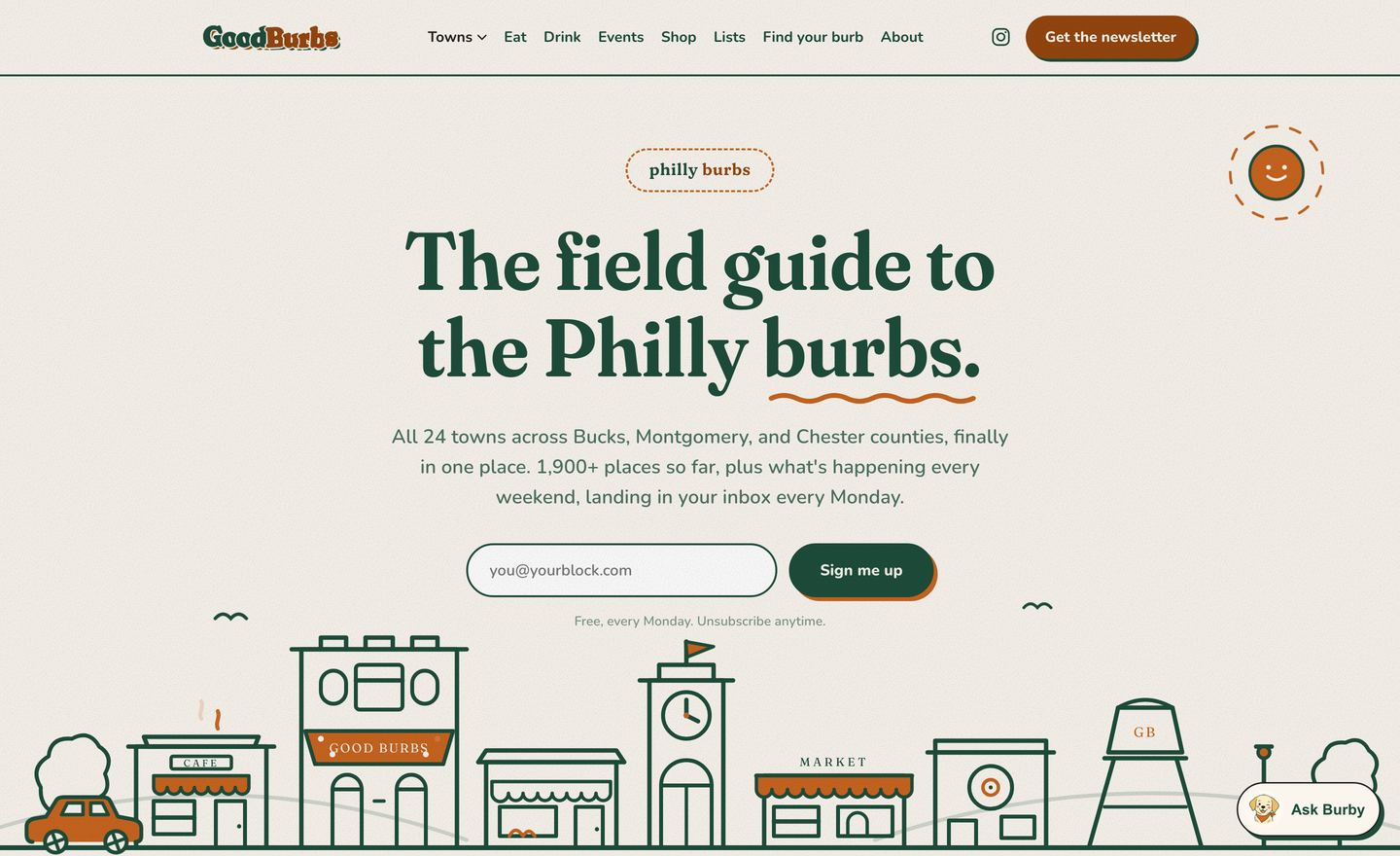 The Good Burbs homepage, a field guide to 24 Philadelphia suburb towns
